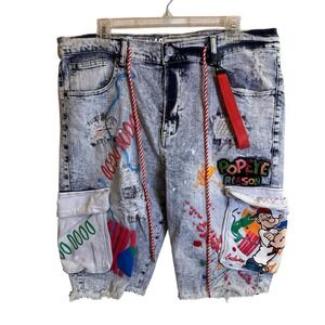 Reason Popeye Denim‎ Jean Shorts Men's Streetwear Hip Hop